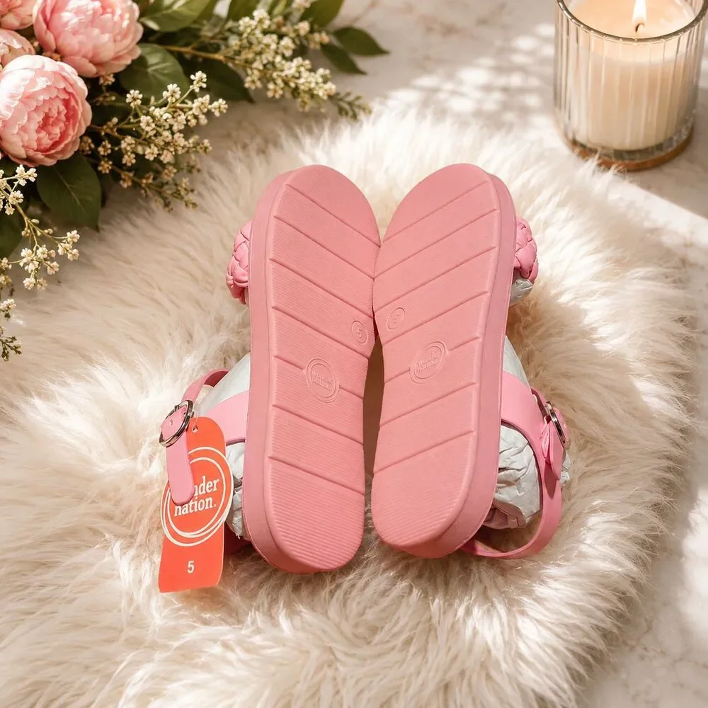 Wonder Nation Girls Pink Braided Ankle Strap Flat Sandals  Size 5 NWT